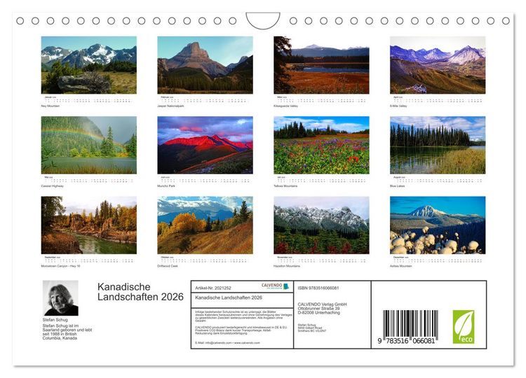 Produktbild: Kanadische Landschaften 2026 (Wandkalender 2026 DIN A4 quer), CALVENDO Monatskalender