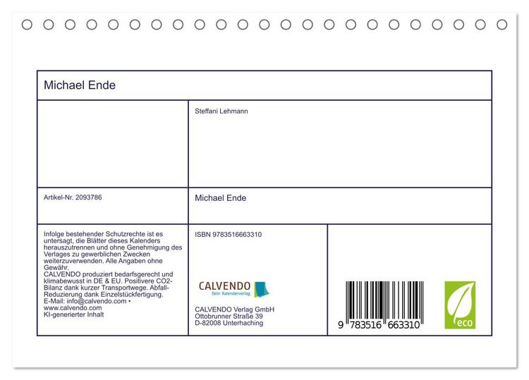 Produktbild: Michael Ende (Tischkalender 2026 DIN A5 quer), CALVENDO Monatskalender