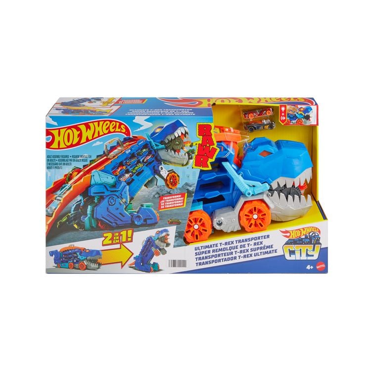 Produktbild: Der Hot Wheels City Ultimative Transporter verwandelt sich in einen T-Rex mit Rennstrecke, Aufbewahrung von mehr als 20 Autos