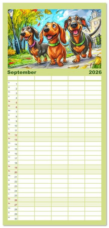 Produktbild: Familienplaner 2026 - Dackel Fun. Zauberhafte Hunde Cartoons f&uuml;rs Herz mit 5 Spalten (Wandkalender, 21 x 45 cm) CALVENDO