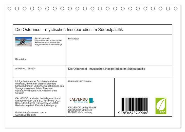 Produktbild: Die Osterinsel - mystisches Inselparadies im S&uuml;dostpazifik (Tischkalender 2026 DIN A5 quer), CALVENDO Monatskalender