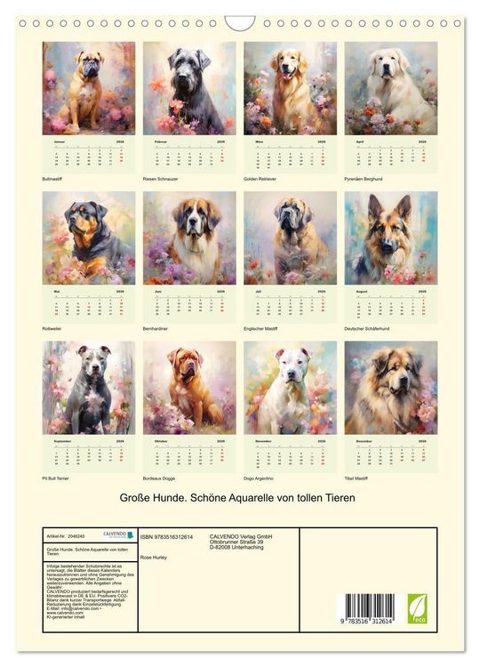 Produktbild: Gro&szlig;e Hunde. Sch&ouml;ne Aquarelle von tollen Tieren (Wandkalender 2026 DIN A3 hoch), CALVENDO Monatskalender