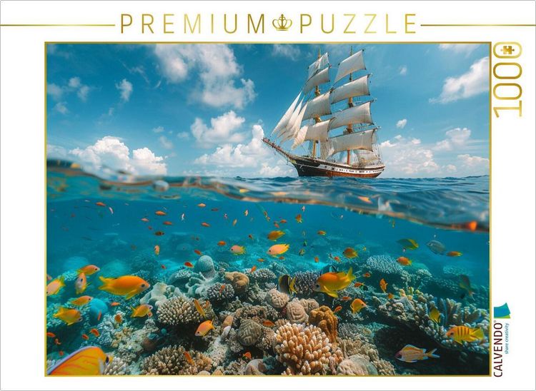 Produktbild: CALVENDO Puzzle Oben und unten - Segelschiff und Korallen mit Fischen | 1000 Teile Lege-Gr&ouml;&szlig;e 64x48cm Foto-Puzzle f&uuml;r gl&uuml;ckliche Stunden