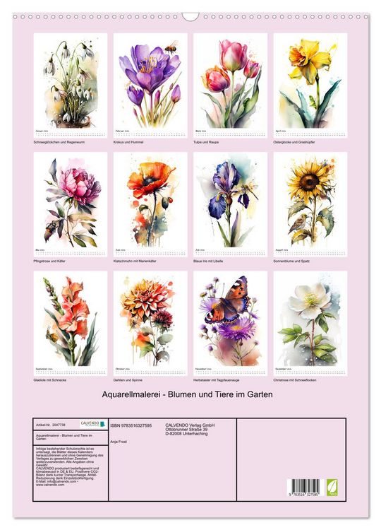 Produktbild: Aquarellmalerei - Blumen und Tiere im Garten (Wandkalender 2026 DIN A2 hoch), CALVENDO Monatskalender