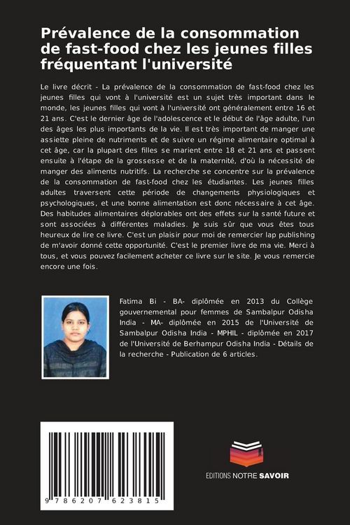 Produktbild: Pr&eacute;valence de la consommation de fast-food chez les jeunes filles fr&eacute;quentant l'universit&eacute;
