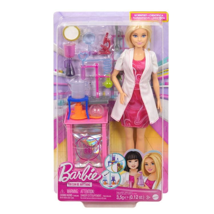 Produktbild: Barbie Wissenschaftlerin-Puppe und Zubehör mit blonder Modepuppe, Labortisch und Farbwechsel-Zubehör