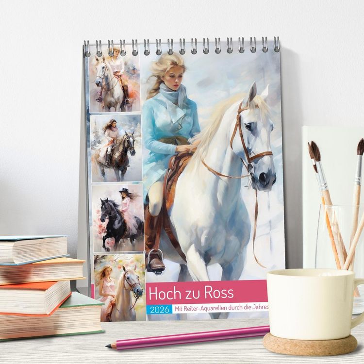 Produktbild: Hoch zu Ross. Mit Reiter-Aquarellen durch die Jahreszeiten (Tischkalender 2026 DIN A5 hoch), CALVENDO Monatskalender