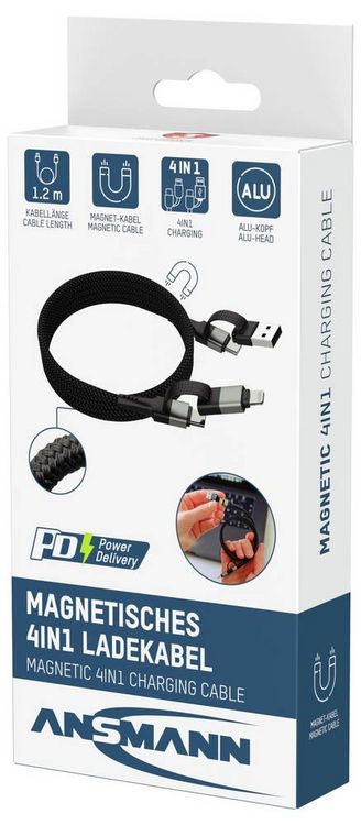 Produktbild: Ansmann USB-Kabel USB-A Stecker, USB-C&reg; Stecker, Apple Lightning Stecker 120 cm Schwarz Textil-Mantel 1700-0188