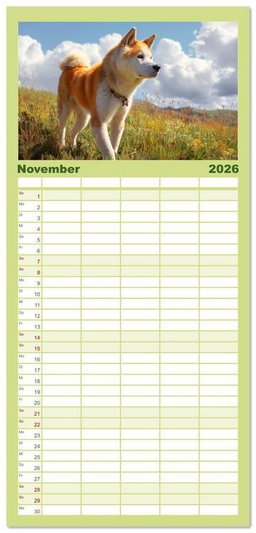 Produktbild: Familienplaner 2026 - Akita Inu in der Natur. Japans edle und sanfte Sch&ouml;nheit mit 5 Spalten (Wandkalender, 21 x 45 cm) CALVENDO