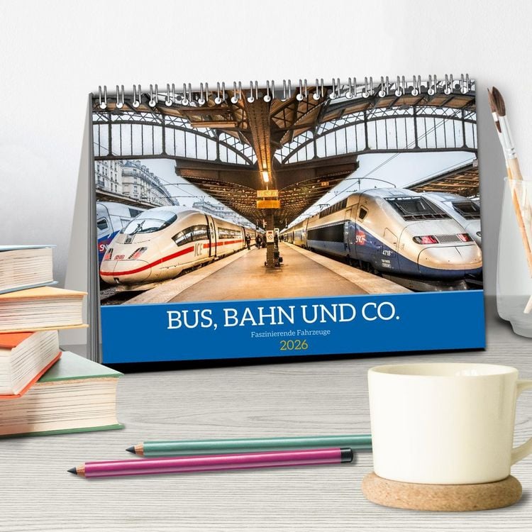 Produktbild: Bus, Bahn und Co. - Faszinierende Fahrzeuge (Tischkalender 2026 DIN A5 quer), CALVENDO Monatskalender