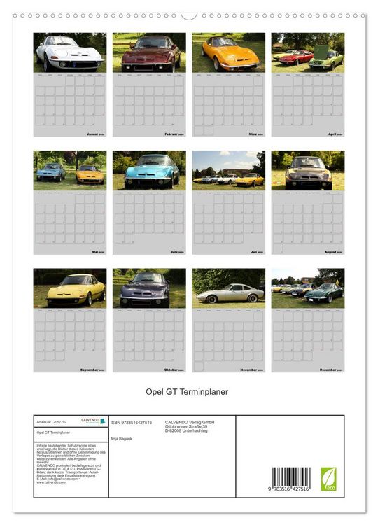 Produktbild: Opel GT Terminplaner (hochwertiger Premium Wandkalender 2026 DIN A2 hoch), Kunstdruck in Hochglanz