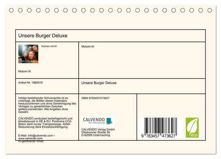 Produktbild: Unsere Burger Deluxe (Tischkalender 2026 DIN A5 quer), CALVENDO Monatskalender