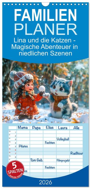 Produktbild: Familienplaner 2026 - Lina und die Katzen - Magische Abenteuer in niedlichen Szenen mit 5 Spalten (Wandkalender, 21 x 45 cm) CALVENDO