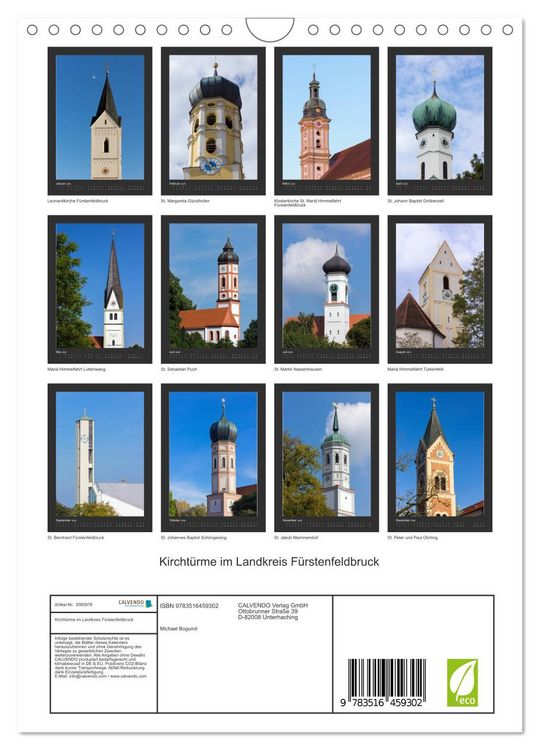 Produktbild: Kircht&uuml;rme im Landkreis F&uuml;rstenfeldbruck (Wandkalender 2026 DIN A4 hoch), CALVENDO Monatskalender