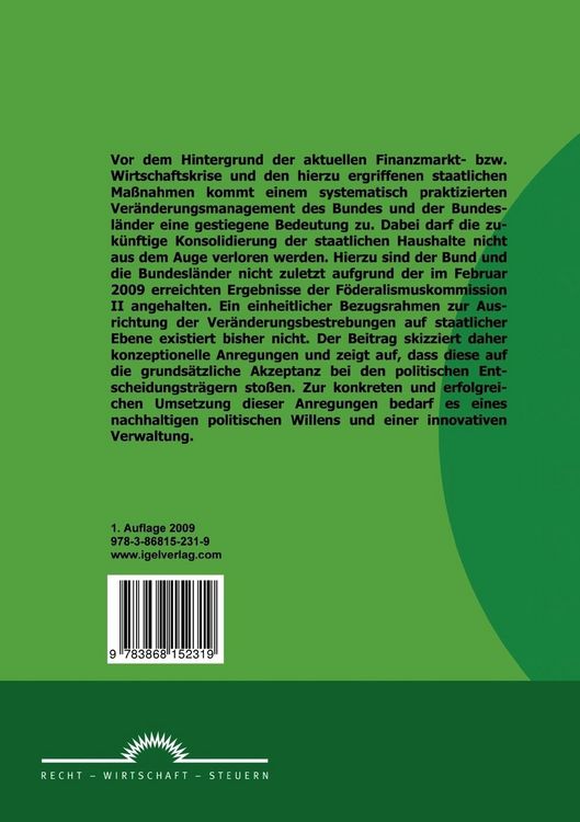 Produktbild: Staatliches Ver&auml;nderungsmanagement in Deutschland - M&ouml;glichkeiten der &Uuml;bertragung von betrieblichen Verfahrungsweisen auf Bund und L&auml;nder