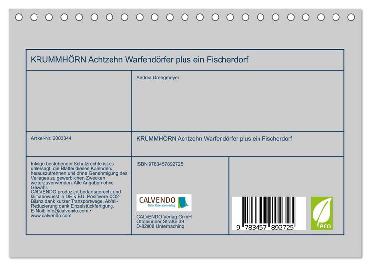 Produktbild: KRUMMH&Ouml;RN Achtzehn Warfend&ouml;rfer plus ein Fischerdorf (Tischkalender 2026 DIN A5 quer), CALVENDO Monatskalender
