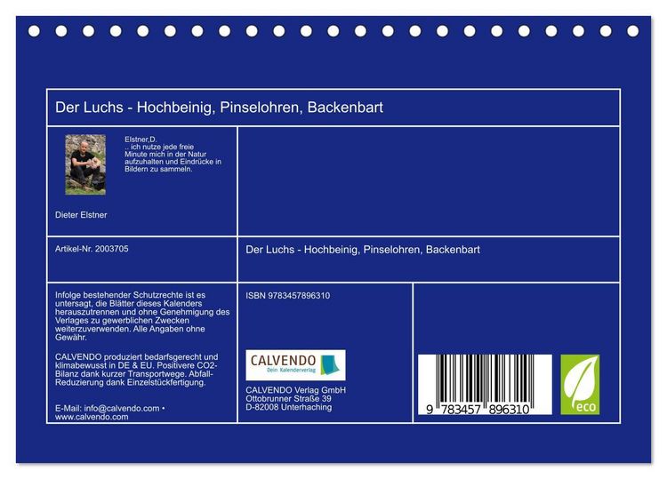 Produktbild: Der Luchs - Hochbeinig, Pinselohren, Backenbart (Tischkalender 2026 DIN A5 quer), CALVENDO Monatskalender