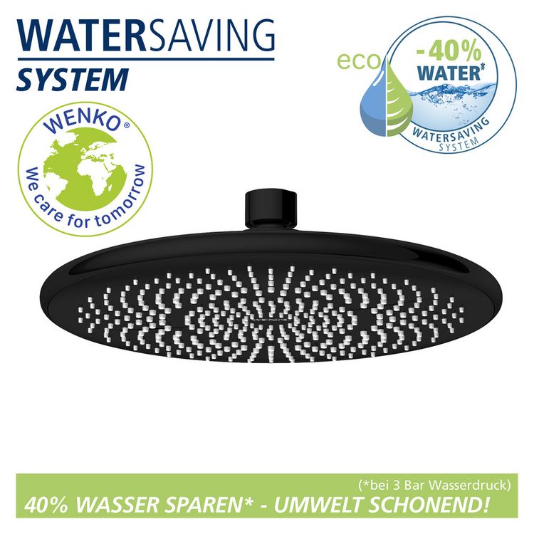Produktbild: Regenduschkopf Watersaving Schwarz, &Oslash; 22,5 cm