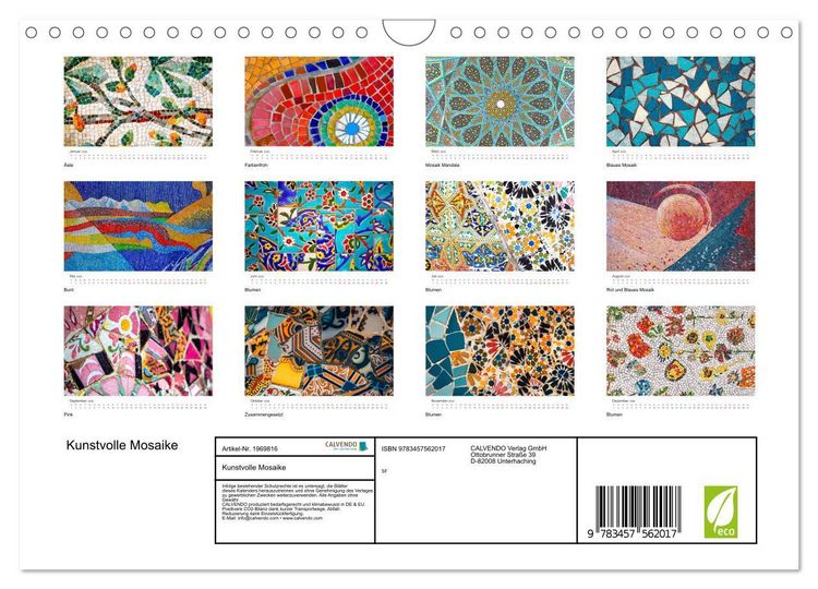 Produktbild: Kunstvolle Mosaike (Wandkalender 2026 DIN A4 quer), CALVENDO Monatskalender