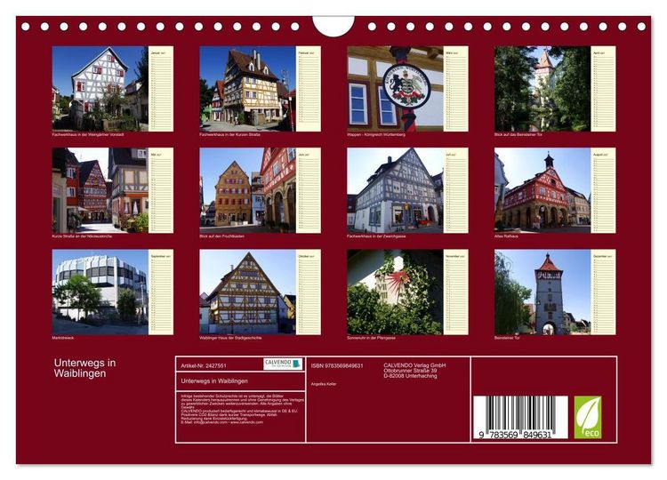 Produktbild: Unterwegs in Waiblingen (Wandkalender 2027 DIN A4 quer), CALVENDO Monatskalender