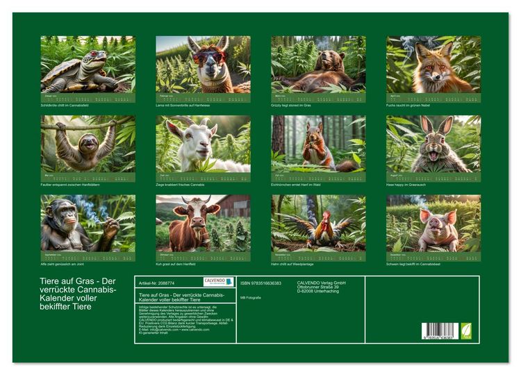Produktbild: Tiere auf Gras - Der verr&uuml;ckte Cannabis-Kalender voller bekiffter Tiere (Wandkalender 2026 DIN A2 quer), CALVENDO Monatskalender