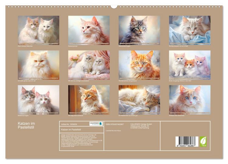 Produktbild: Katzen im Pastellstil (hochwertiger Premium Wandkalender 2026 DIN A2 quer), Kunstdruck in Hochglanz