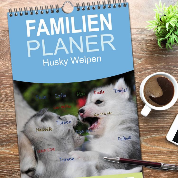 Produktbild: Familienplaner 2026 - Husky Welpen mit 5 Spalten (Wandkalender, 21 x 45 cm) CALVENDO