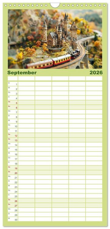 Produktbild: Familienplaner 2026 - Miniaturwelt Eisenbahn - Zug um Zug ins Abenteuer mit 5 Spalten (Wandkalender, 21 x 45 cm) CALVENDO