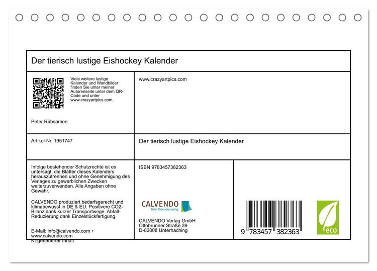 Produktbild: Der tierisch lustige Eishockey Kalender (Tischkalender 2026 DIN A5 quer), CALVENDO Monatskalender
