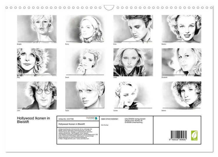 Produktbild: Hollywood Ikonen in Bleistift (Wandkalender 2027 DIN A3 quer), CALVENDO Monatskalender