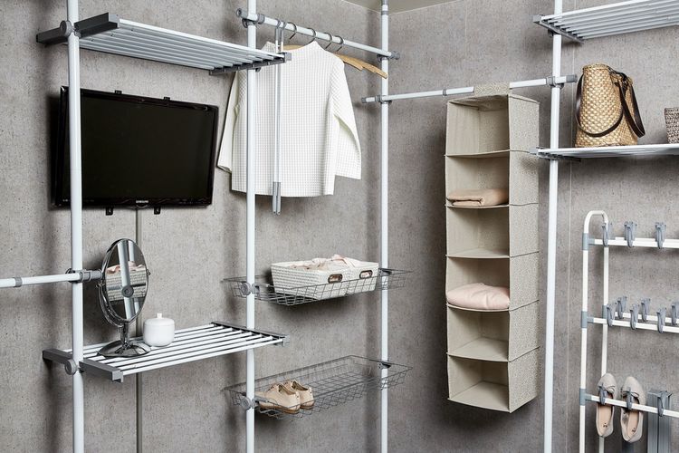 Produktbild: Teleskop-System Mod. Herkules Duo, mit 3 Kleiderstangen und 2 Ablagek&ouml;rben