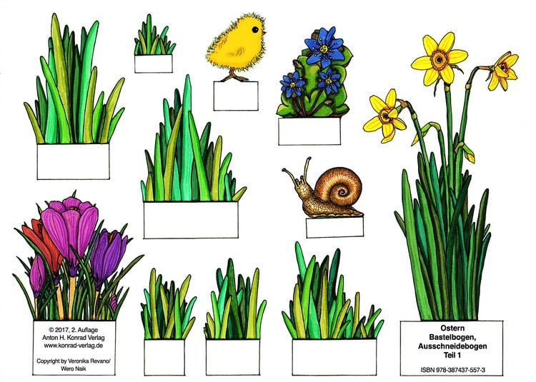 Produktbild: Ostern - Bastelbogen, Ausschneidebogen. Osterhase, Ostereier, K&uuml;ken und Blumen zum Basteln.