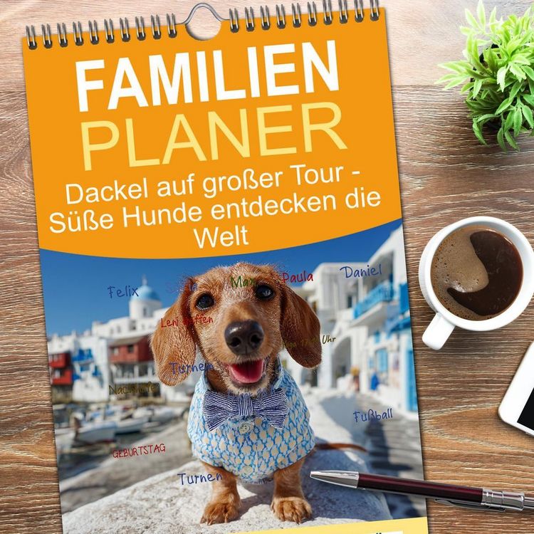 Produktbild: Familienplaner 2026 - Dackel auf gro&szlig;er Tour - S&uuml;&szlig;e Hunde entdecken die Welt mit 5 Spalten (Wandkalender, 21 x 45 cm) CALVENDO