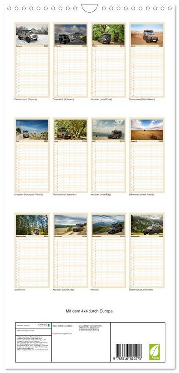 Produktbild: Familienplaner 2026 - Mit dem 4x4 durch Europa mit 5 Spalten (Wandkalender, 21 x 45 cm) CALVENDO