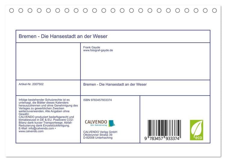 Produktbild: Bremen - Die Hansestadt an der Weser (Tischkalender 2026 DIN A5 quer), CALVENDO Monatskalender