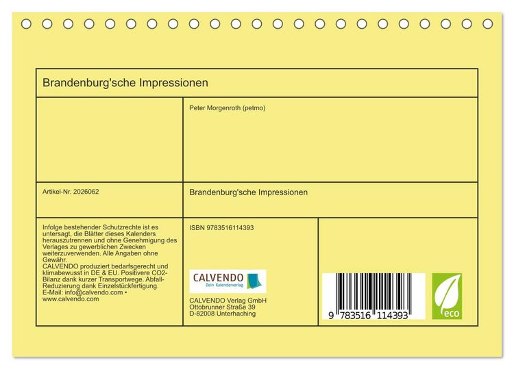 Produktbild: Brandenburg'sche Impressionen (Tischkalender 2026 DIN A5 quer), CALVENDO Monatskalender