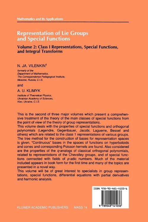 Produktbild: Representation of Lie Groups and Special Functions