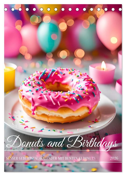 Produktbild: Donuts and Birthdays, s&uuml;&szlig;er Geburtstagskalender mit bunte KI Donuts (Tischkalender 2026 DIN A5 hoch), CALVENDO Monatskalender