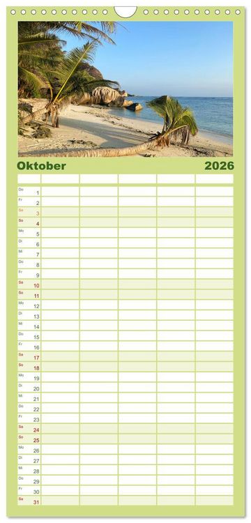 Produktbild: Familienplaner 2026 - In Gedanken auf den Seychellen mit 5 Spalten (Wandkalender, 21 x 45 cm) CALVENDO
