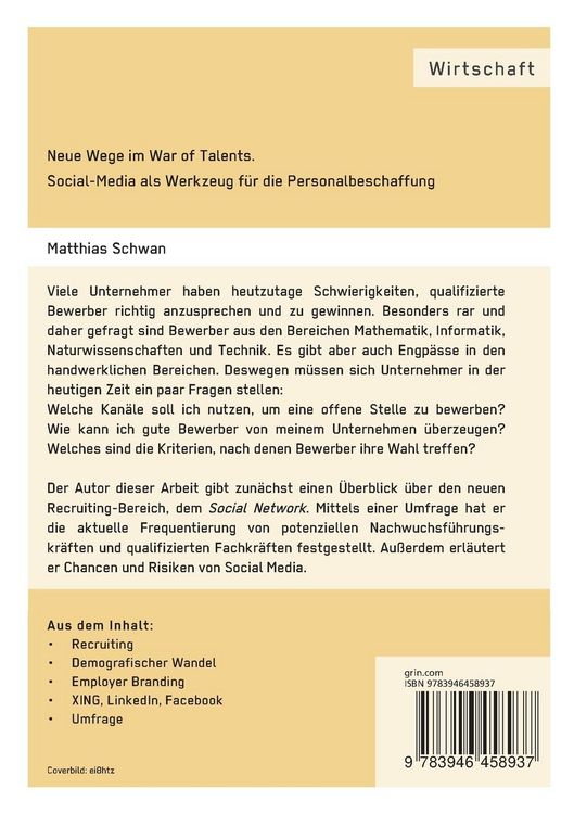 Produktbild: Neue Wege im War of Talents. Social-Media als Werkzeug f&uuml;r die Personalbeschaffung