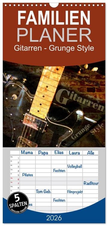 Produktbild: Familienplaner 2026 - Gitarren - Grunge Style mit 5 Spalten (Wandkalender, 21 x 45 cm) CALVENDO