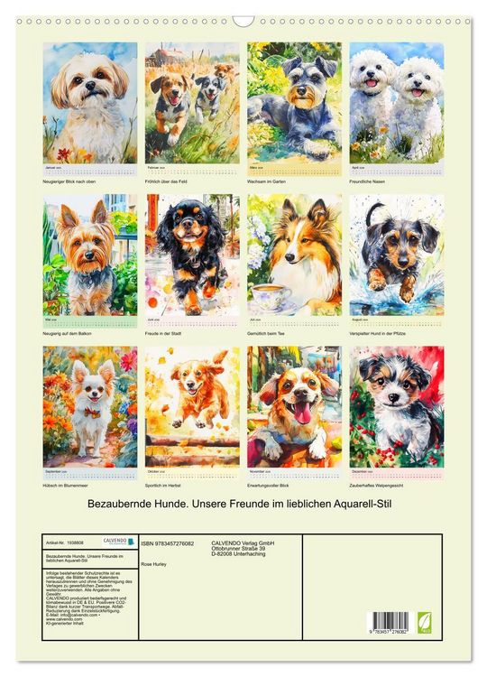 Produktbild: Bezaubernde Hunde. Unsere Freunde im lieblichen Aquarell-Stil (Wandkalender 2026 DIN A2 hoch), CALVENDO Monatskalender