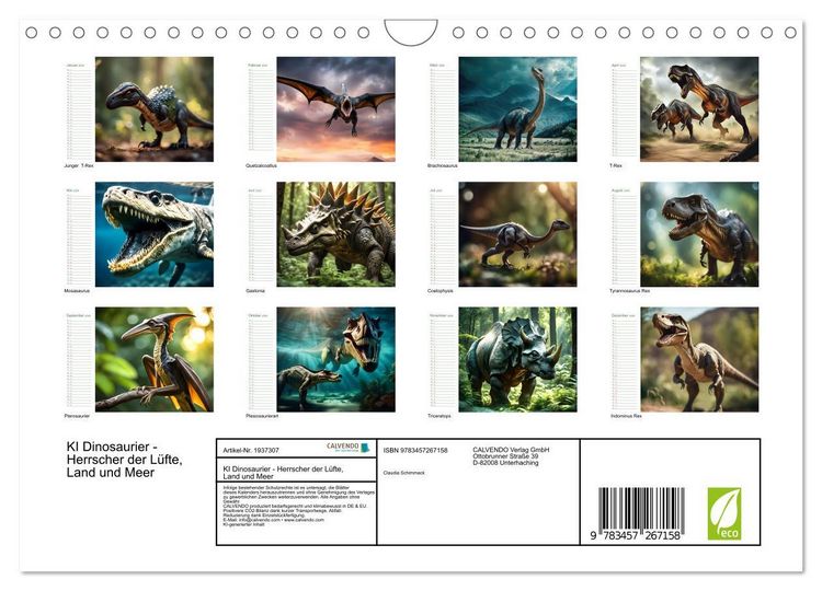 Produktbild: KI Dinosaurier - Herrscher der L&uuml;fte, Land und Meer (Wandkalender 2026 DIN A4 quer), CALVENDO Monatskalender