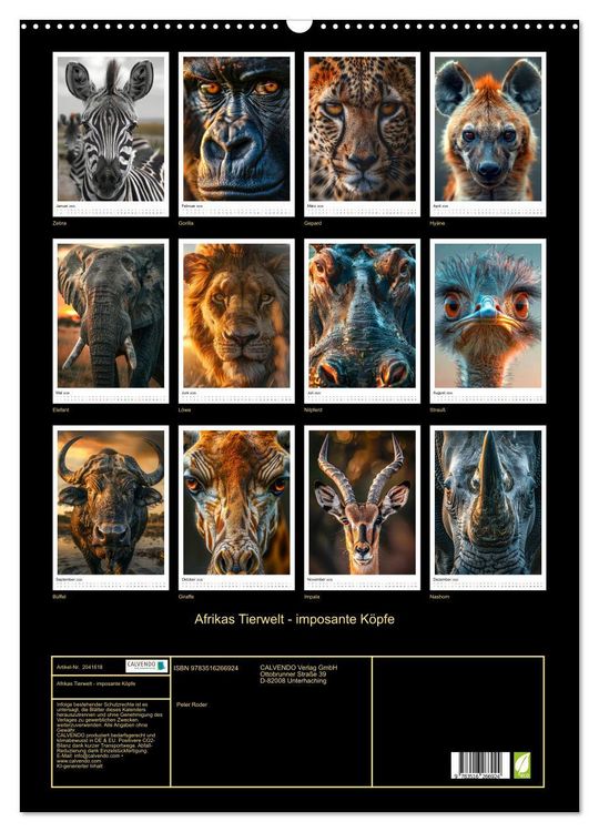 Produktbild: Afrikas Tierwelt - imposante K&ouml;pfe (Wandkalender 2026 DIN A2 hoch), CALVENDO Monatskalender