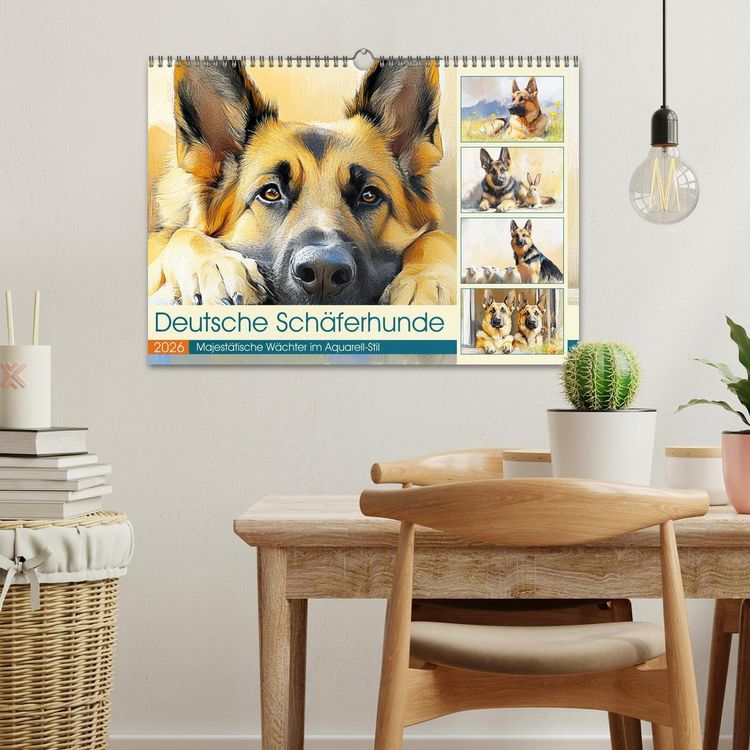 Produktbild: Deutsche Sch&auml;ferhunde. Majest&auml;tische W&auml;chter im Aquarell-Stil (Wandkalender 2026 DIN A3 quer), CALVENDO Monatskalender