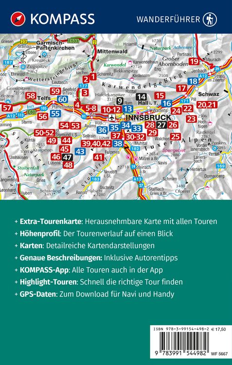 Produktbild: KOMPASS Wanderf&uuml;hrer Innsbruck und Umgebung, Karwendel, Tuxer Alpen, Sellrain und Mieminger Kette, 60 Touren mit Extra-Tourenkarte