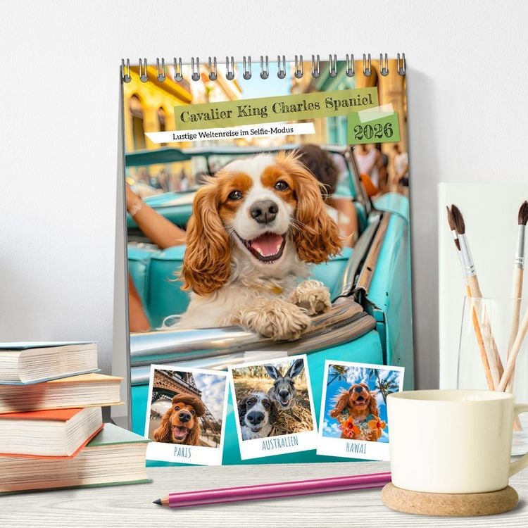 Produktbild: Cavalier King Charles Spaniel - Lustige Weltenreise im Selfie-Modus (Tischkalender 2026 DIN A5 hoch), CALVENDO Monatskalender