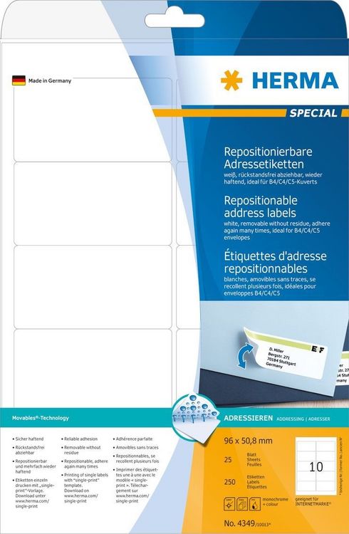Produktbild: HERMA Adressetiketten repositionierbar wei&szlig; 96x50,8mm 25 Blatt 250 St&uuml;ck