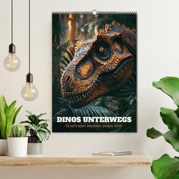 Produktbild: Dinos unterwegs: Urzeitriesen erkunden unsere Welt (Wandkalender 2026 DIN A2 hoch), CALVENDO Monatskalender