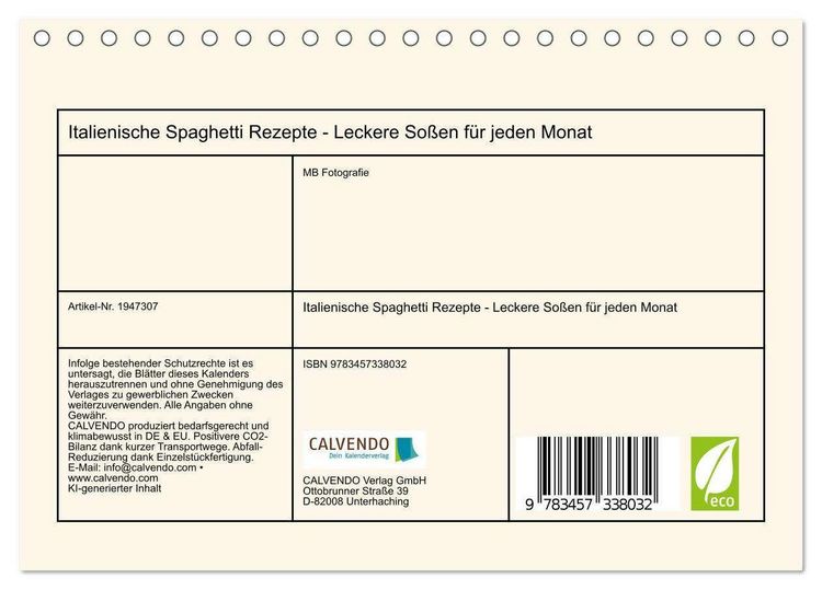 Produktbild: Italienische Spaghetti Rezepte - Leckere So&szlig;en f&uuml;r jeden Monat (Tischkalender 2026 DIN A5 quer), CALVENDO Monatskalender